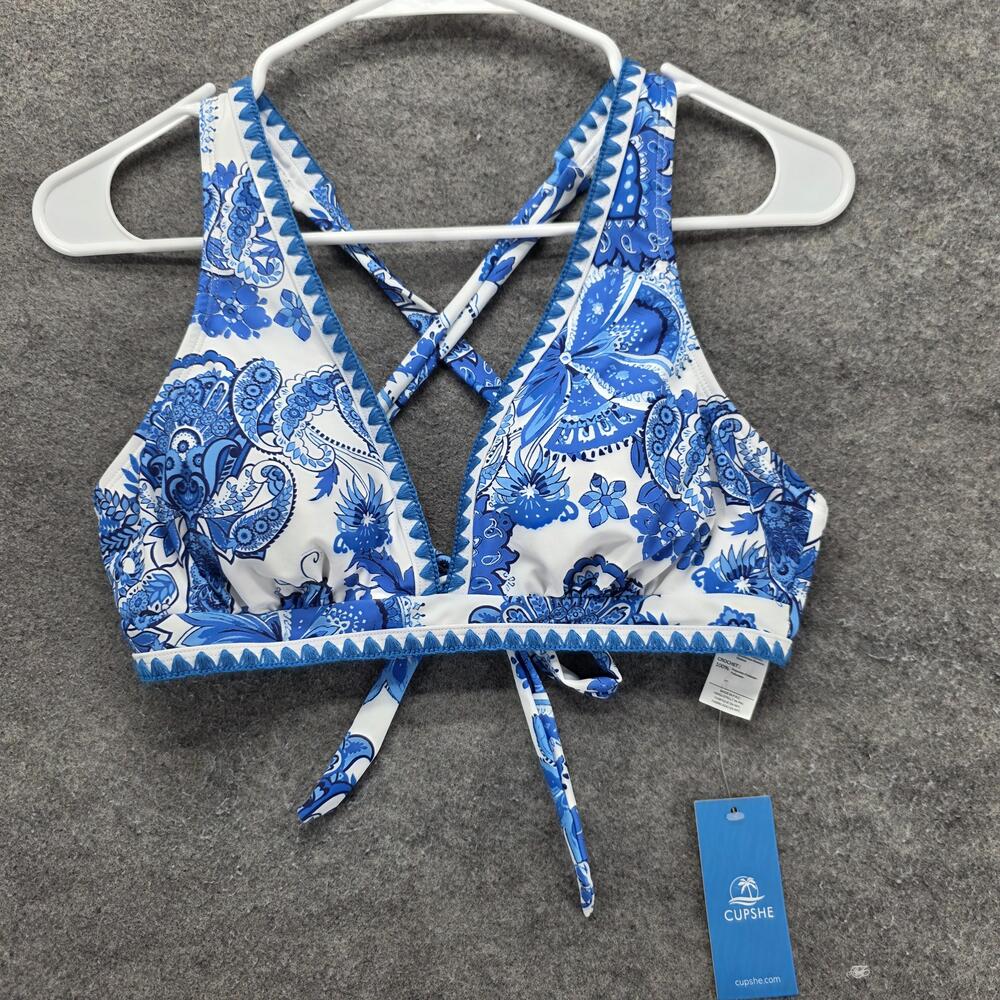 Cupshe Swim Top Womens M Blue Paisley Bralette Lined Padded Adjustable Racerback